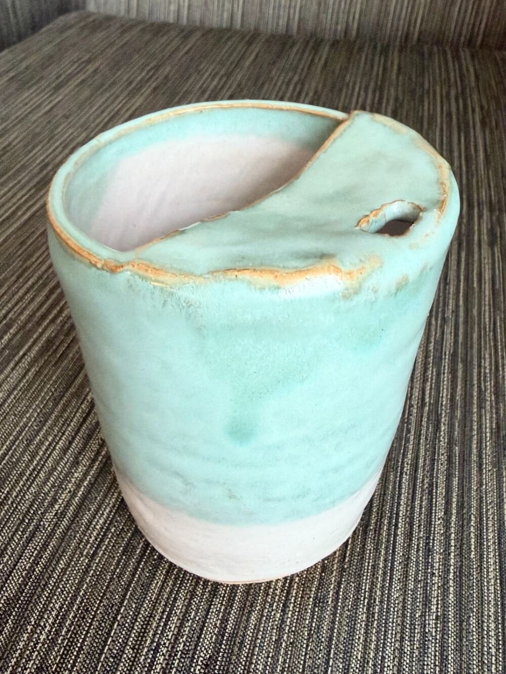 Handmade Ceramic Creamer Turquoise Studio Pottery Pitcher Signed Rene Vase Cup